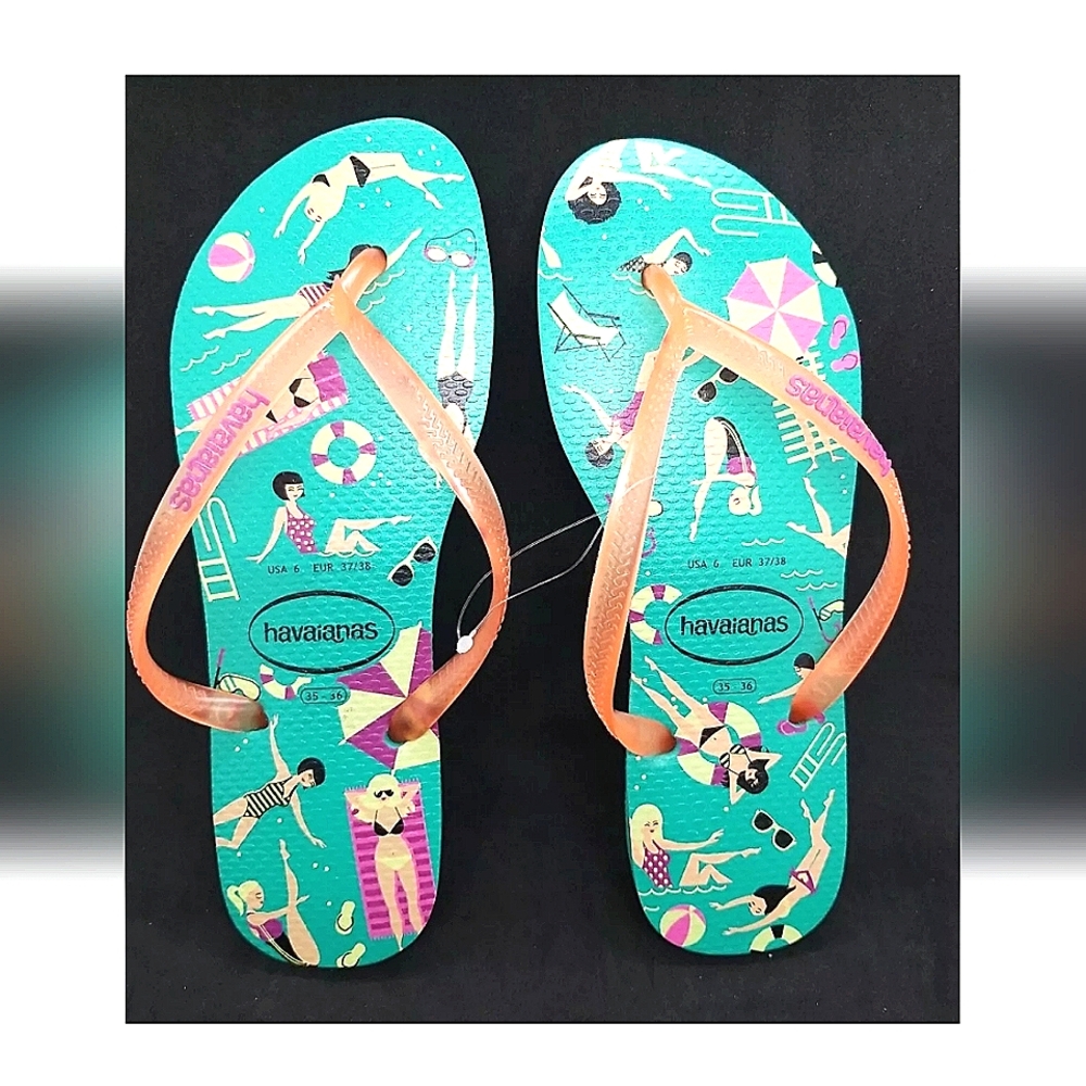 Havaianas Flip Flop Sandal US 6 Teal Blue Orange Toe Strap Beach Scene